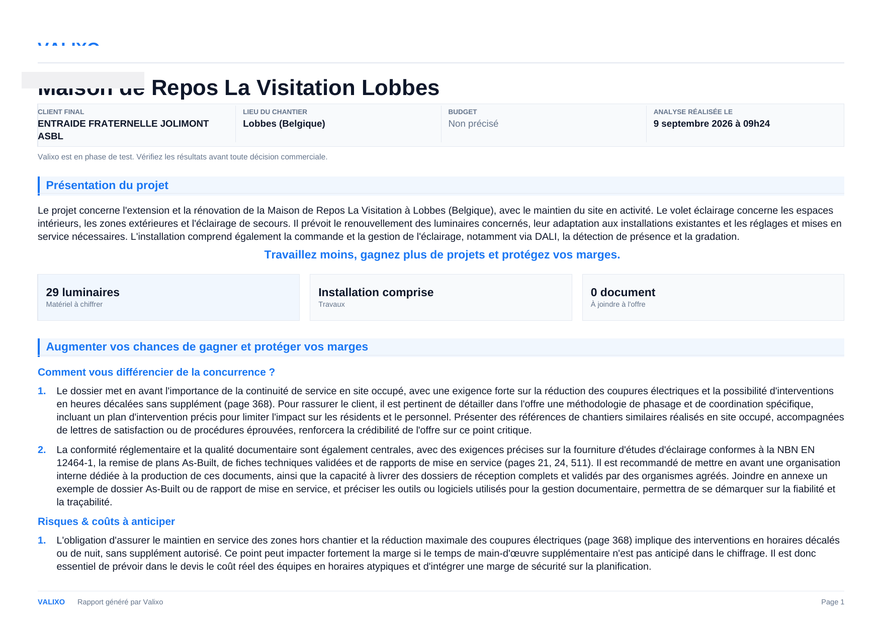 Page 1 du rapport Valixo généré à partir du dossier de 555 pages