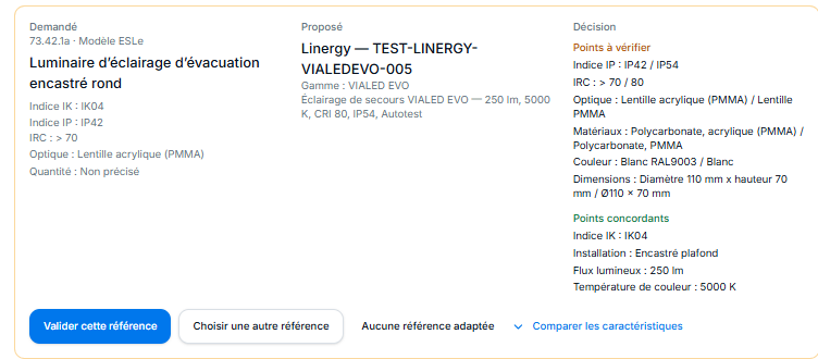 Capture réelle du résultat de matching catalogue Linergy